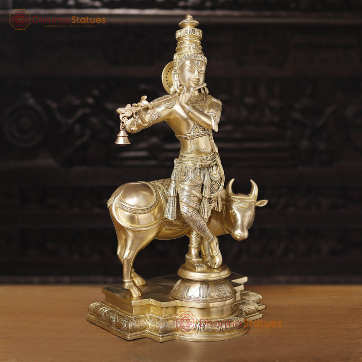 Brass Cow Krishna, Lord Krishna Standing on a Beautiful Platform 26"