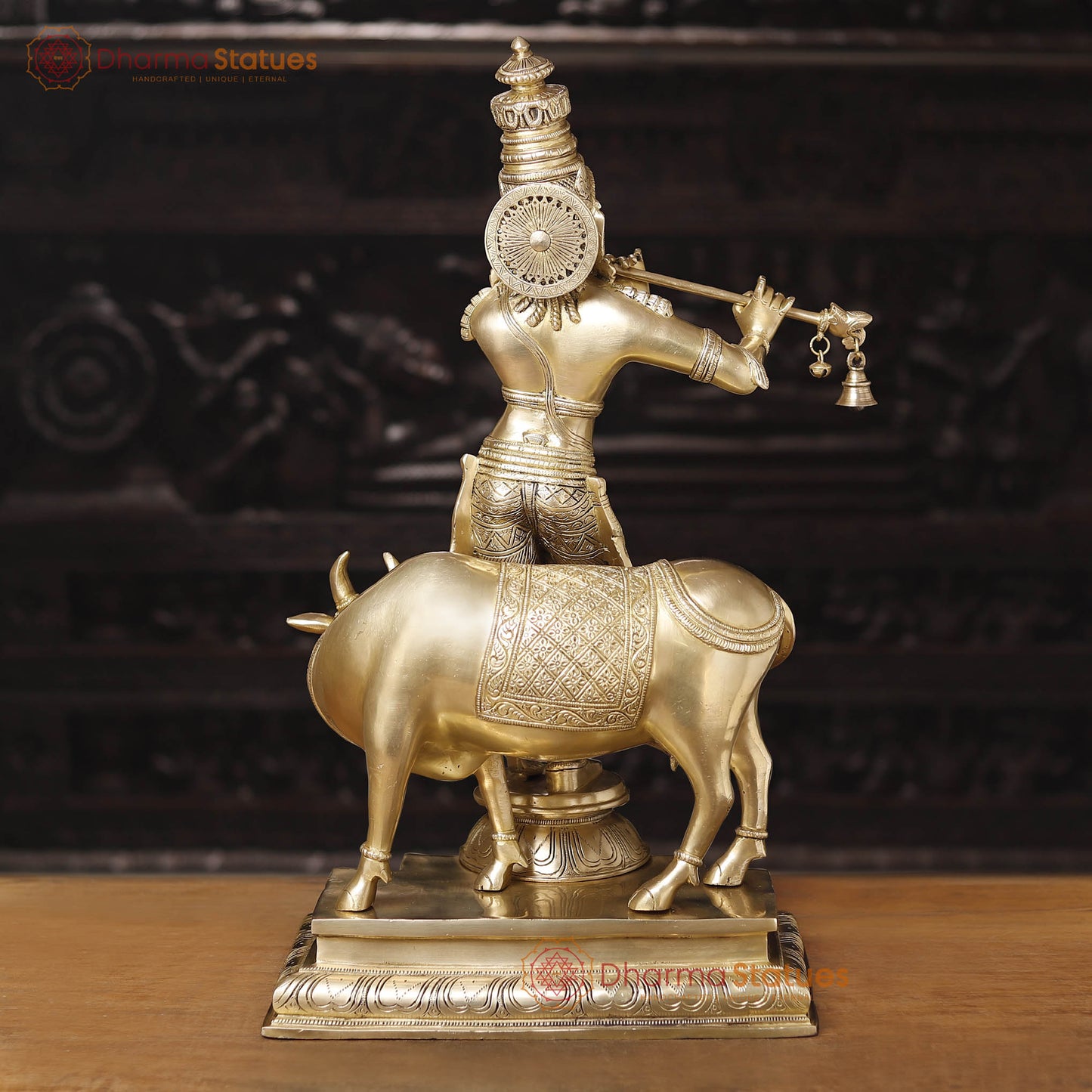Brass Lord Krishna Statue with Cow, Golden Finish, 26"