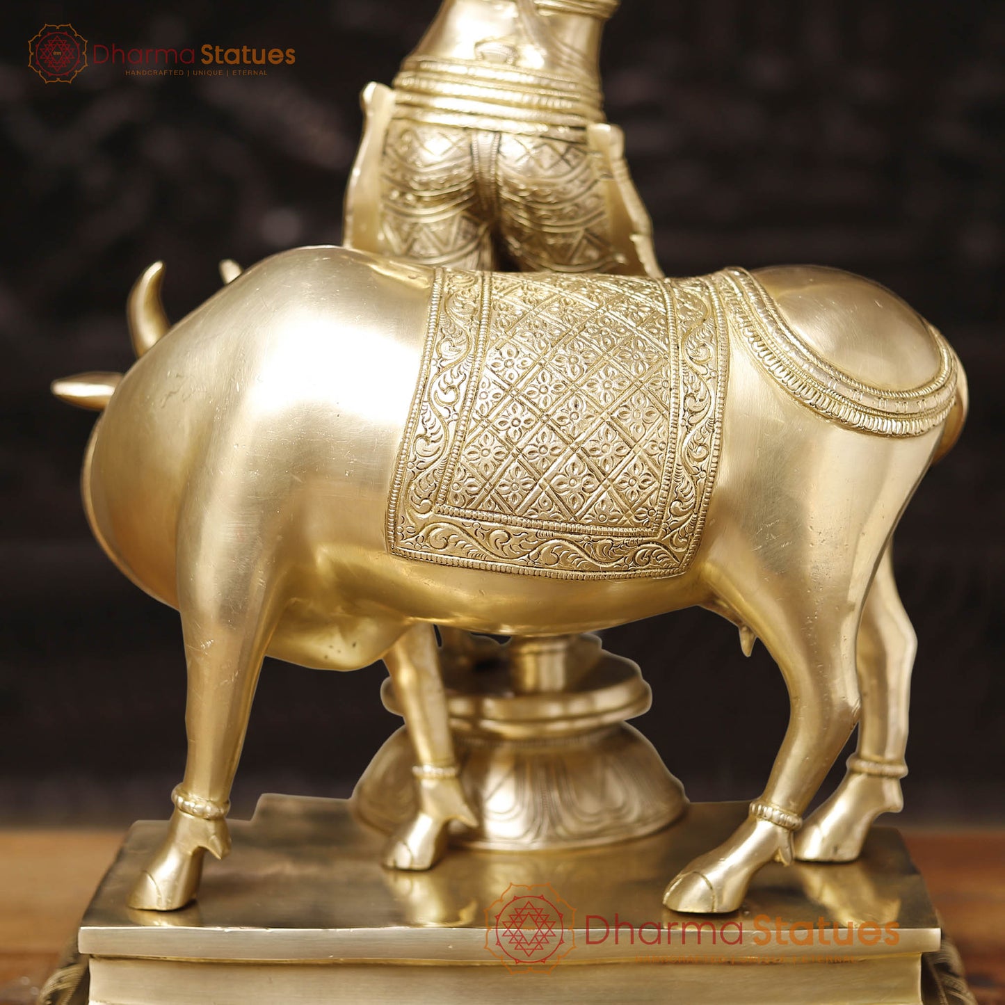 Brass Lord Krishna Statue with Cow, Golden Finish, 26"