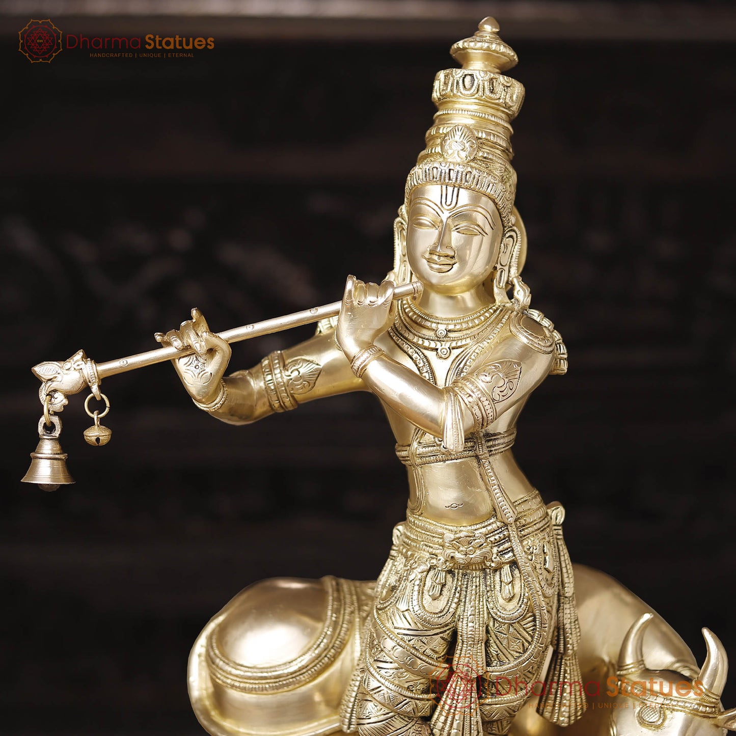 Brass Lord Krishna Statue with Cow, Golden Finish, 26"