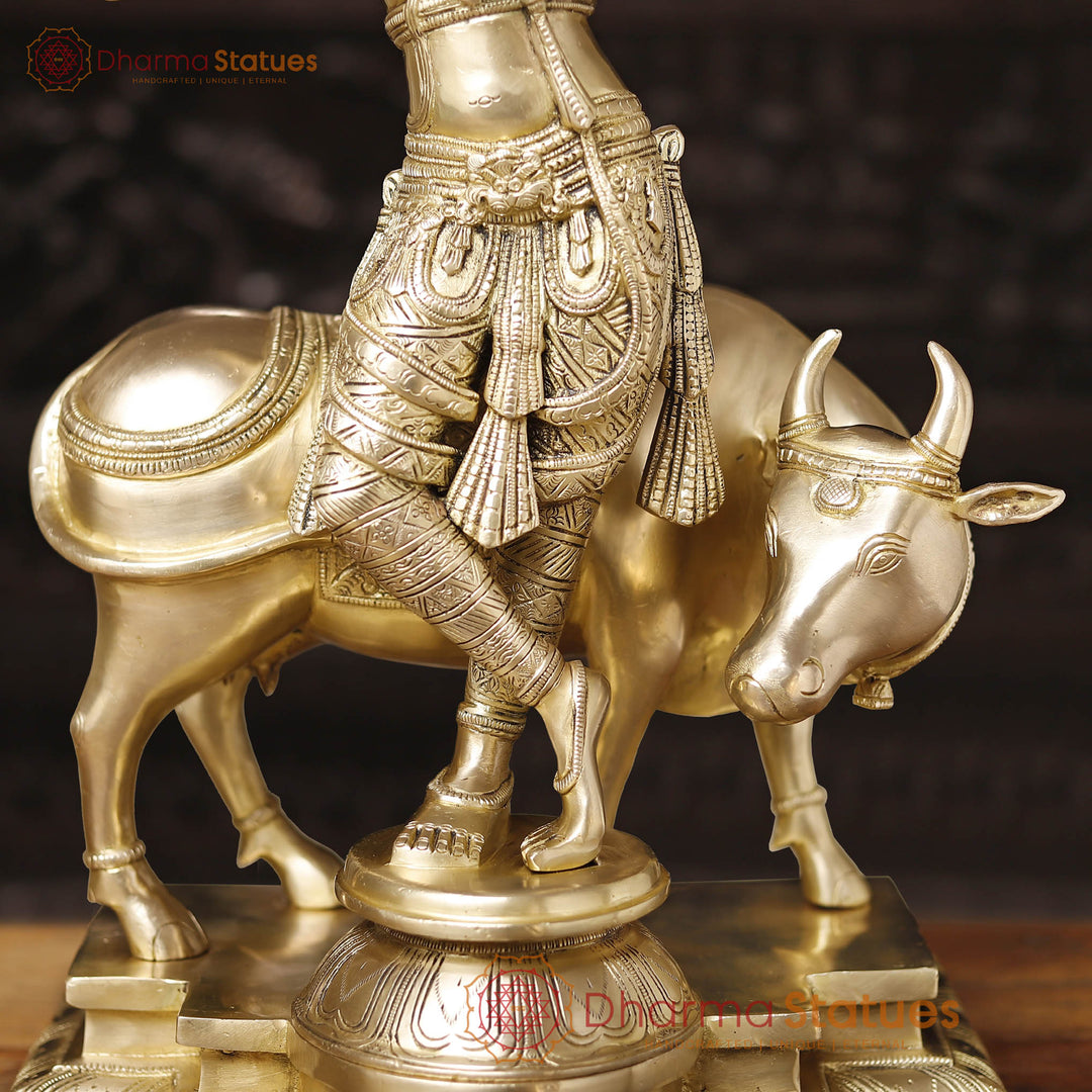 Brass Cow Krishna, Lord Krishna Standing on a Beautiful Platform 26"