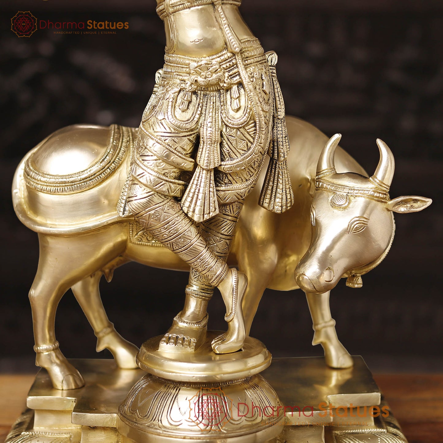 Brass Lord Krishna Statue with Cow, Golden Finish, 26"