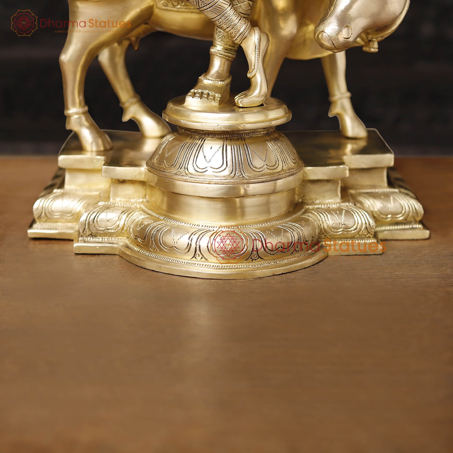 Brass Lord Krishna Statue with Cow, Golden Finish, 26"