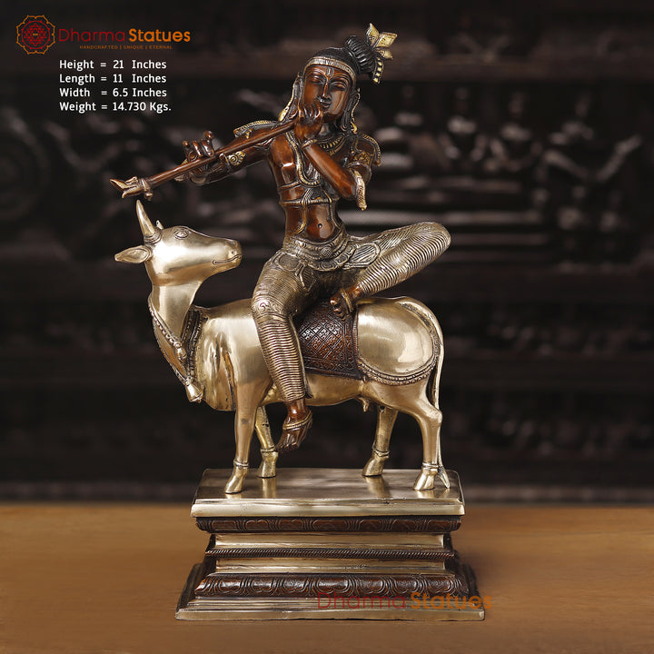 Brass Krishna Statue, Seated on a Cow, Golden & Copper Finish, 21" Front View