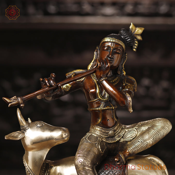 Brass Krishna Statue, Seated on a Cow, Golden & Copper Finish, 21"