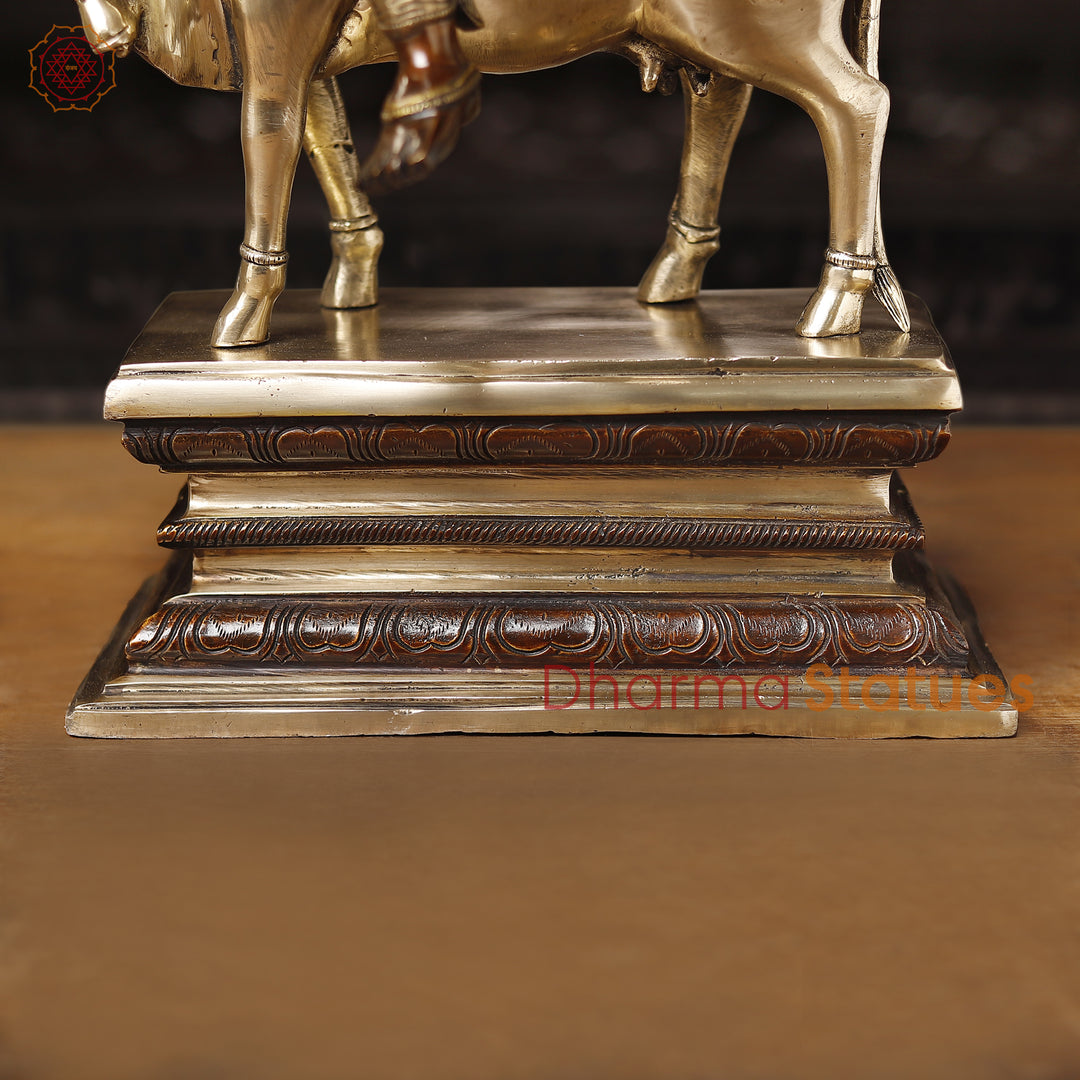 Brass Krishna Statue, Seated on a Cow, Golden & Copper Finish, 21"