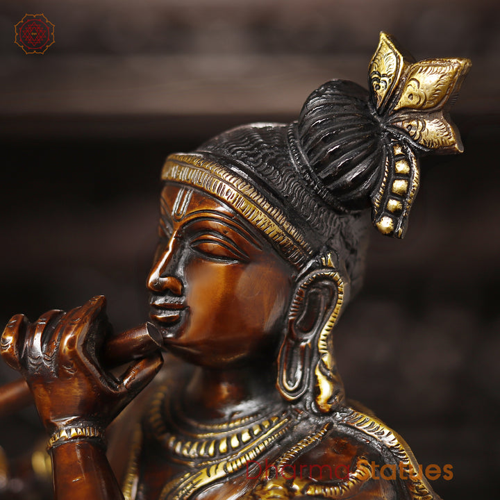 Brass Krishna Statue, Seated on a Cow, Golden & Copper Finish, 21"