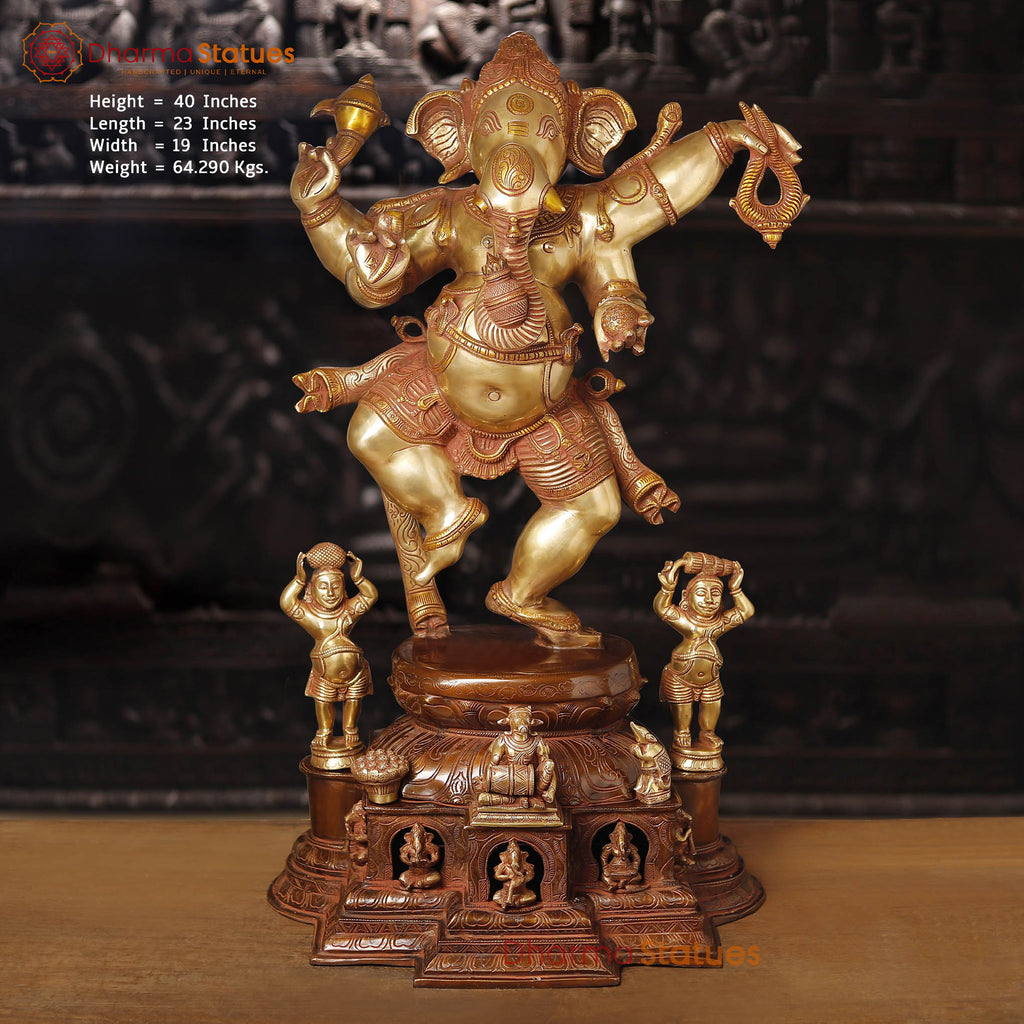 Brass Ganesh Dancing Joyfully With Devotees, Copper Gold Finish with Brown Hues, 40"