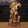 Brass Ganesh Dancing Joyfully With Devotees, Copper Gold Finish with Brown Hues, 40"