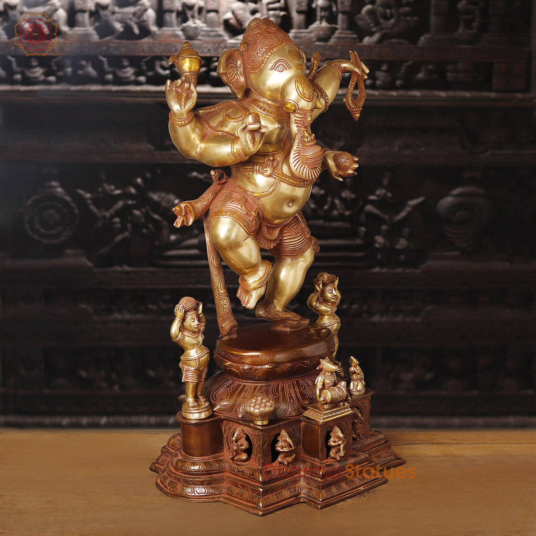 Brass Ganesh Dancing Joyfully With Devotees, Copper Gold Finish with Brown Hues, 40"