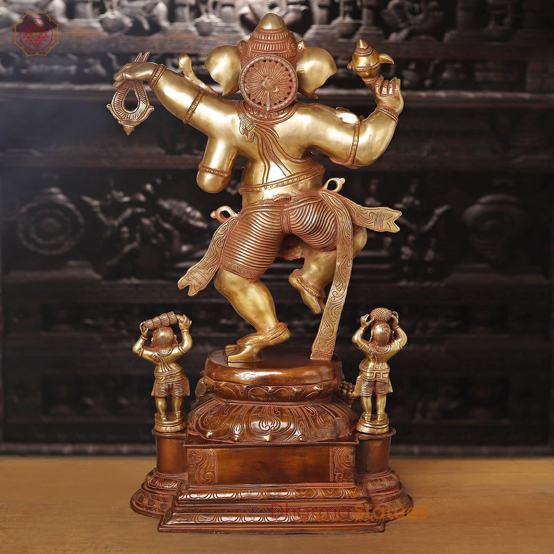 Brass Ganesh Dancing Joyfully With Devotees, Copper Gold Finish with Brown Hues, 40"