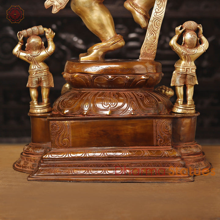 Brass Ganesh Dancing Joyfully With Devotees, Copper Gold Finish with Brown Hues, 40"