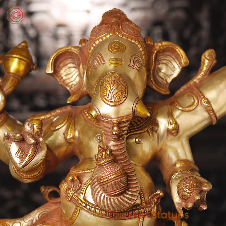 Brass Ganesh Dancing Joyfully With Devotees, Copper Gold Finish with Brown Hues, 40"