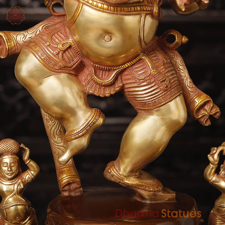 Brass Ganesh Dancing Joyfully With Devotees, Copper Gold Finish with Brown Hues, 40"