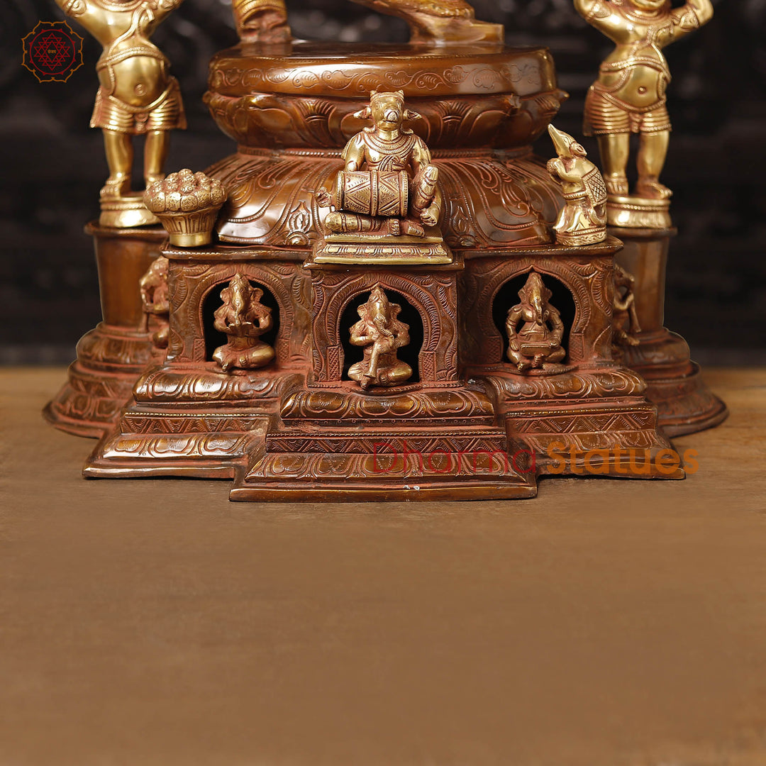 Brass Ganesh Dancing Joyfully With Devotees, Copper Gold Finish with Brown Hues, 40"