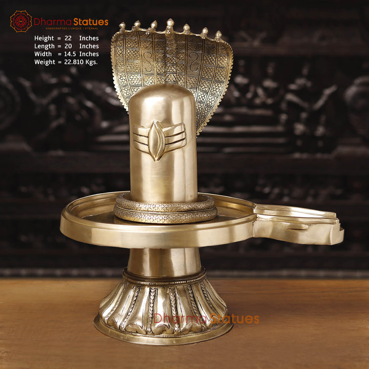 Brass Shiv Lingam Idol with Serpent,  Eternal Purity and Divine Presence, Fine Golden Finish 22"