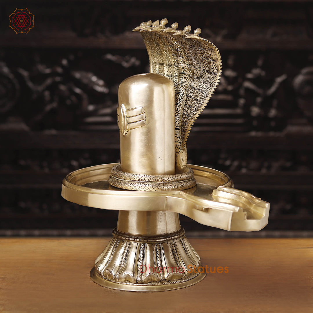 Brass Shiv Lingam Idol with Serpent,  Eternal Purity and Divine Presence, Fine Golden Finish 22"