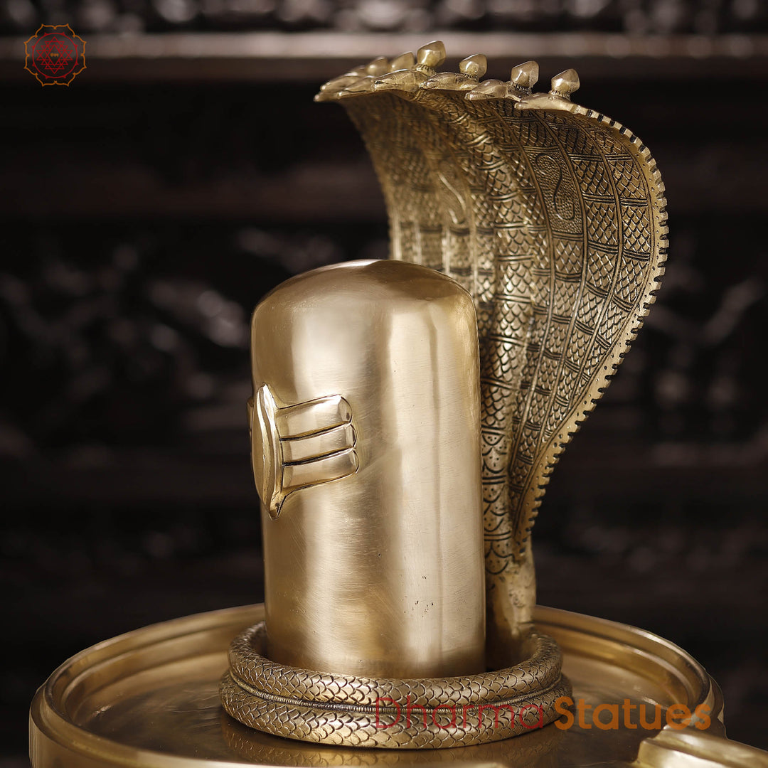 Brass Shiv Lingam Idol with Serpent,  Eternal Purity and Divine Presence, Fine Golden Finish 22"