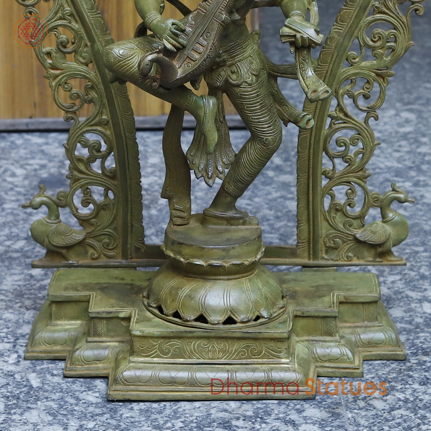 Brass Saraswati in Dancing posture with Frame, Antique Green Finish, 32"