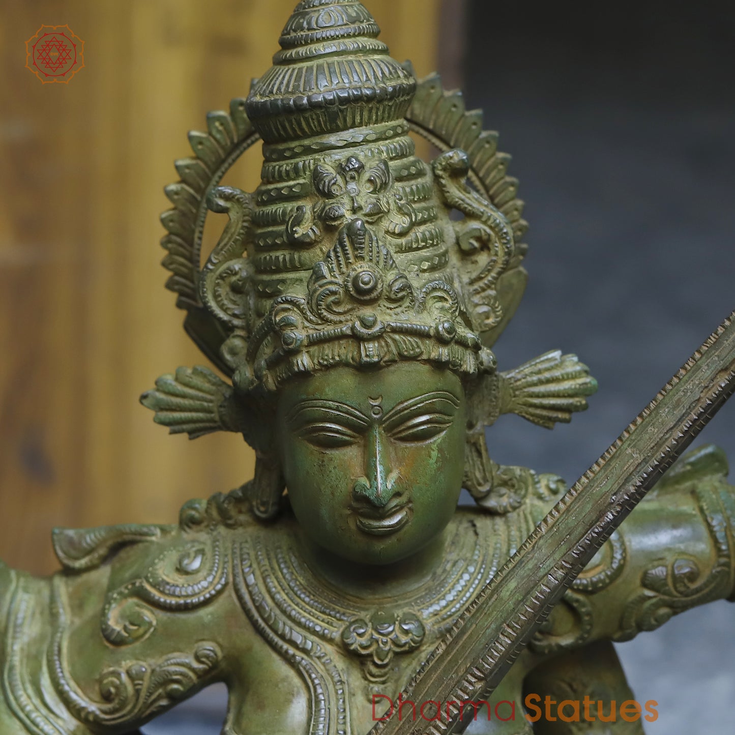 Brass Saraswati in Dancing posture with Frame, Antique Green Finish, 32"