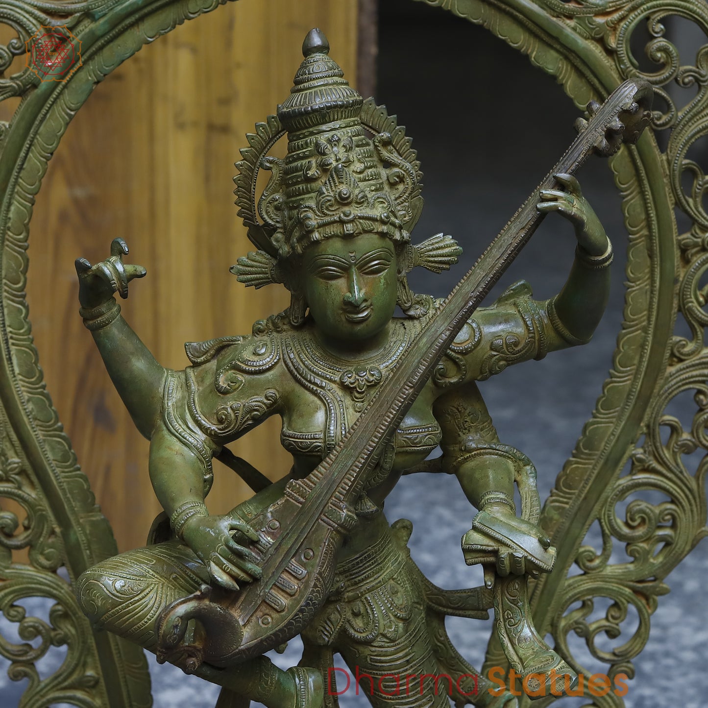 Brass Saraswati in Dancing posture with Frame, Antique Green Finish, 32"