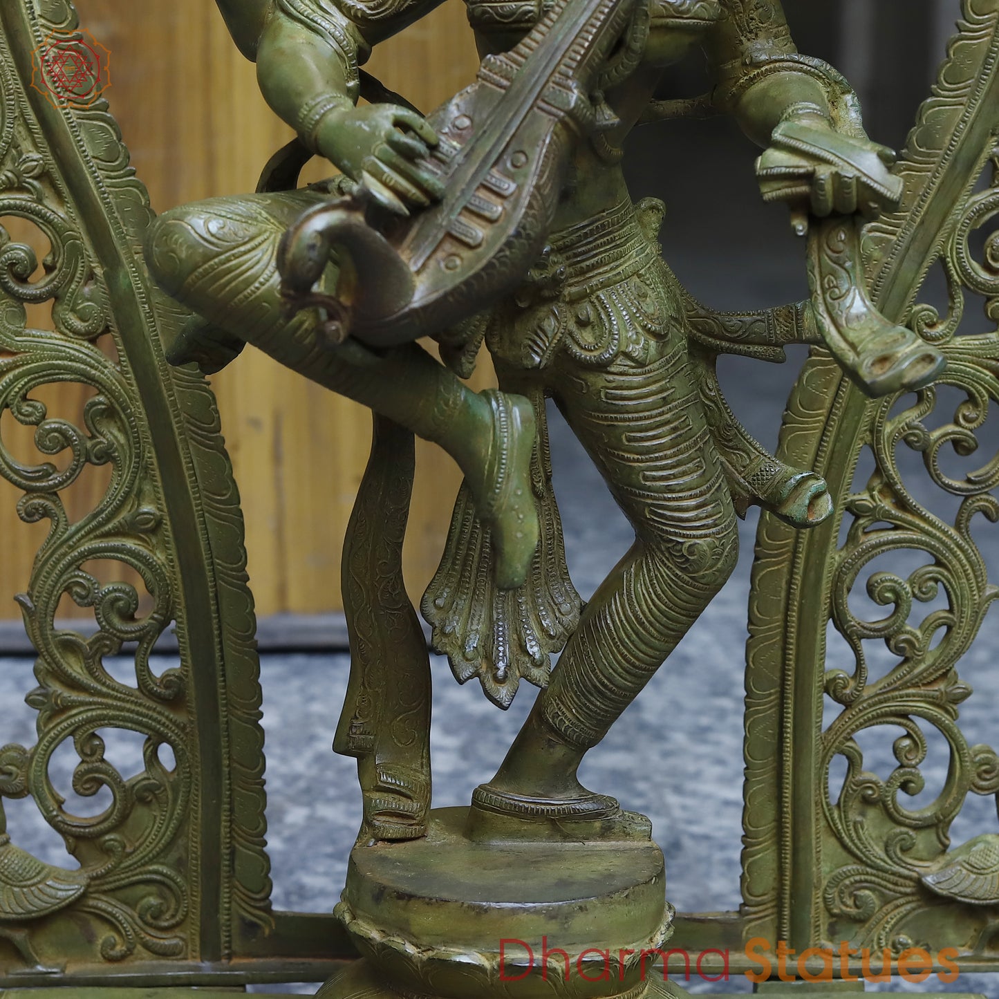 Brass Saraswati in Dancing posture with Frame, Antique Green Finish, 32"