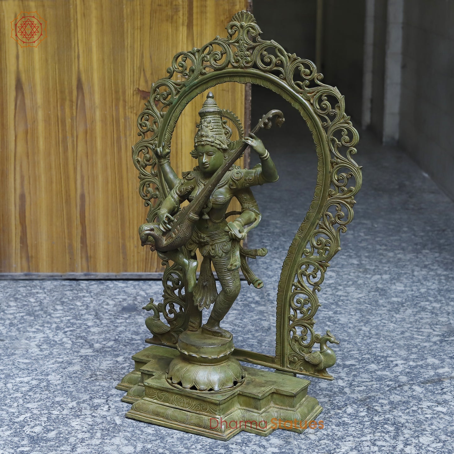 Brass Saraswati in Dancing posture with Frame, Antique Green Finish, 32"
