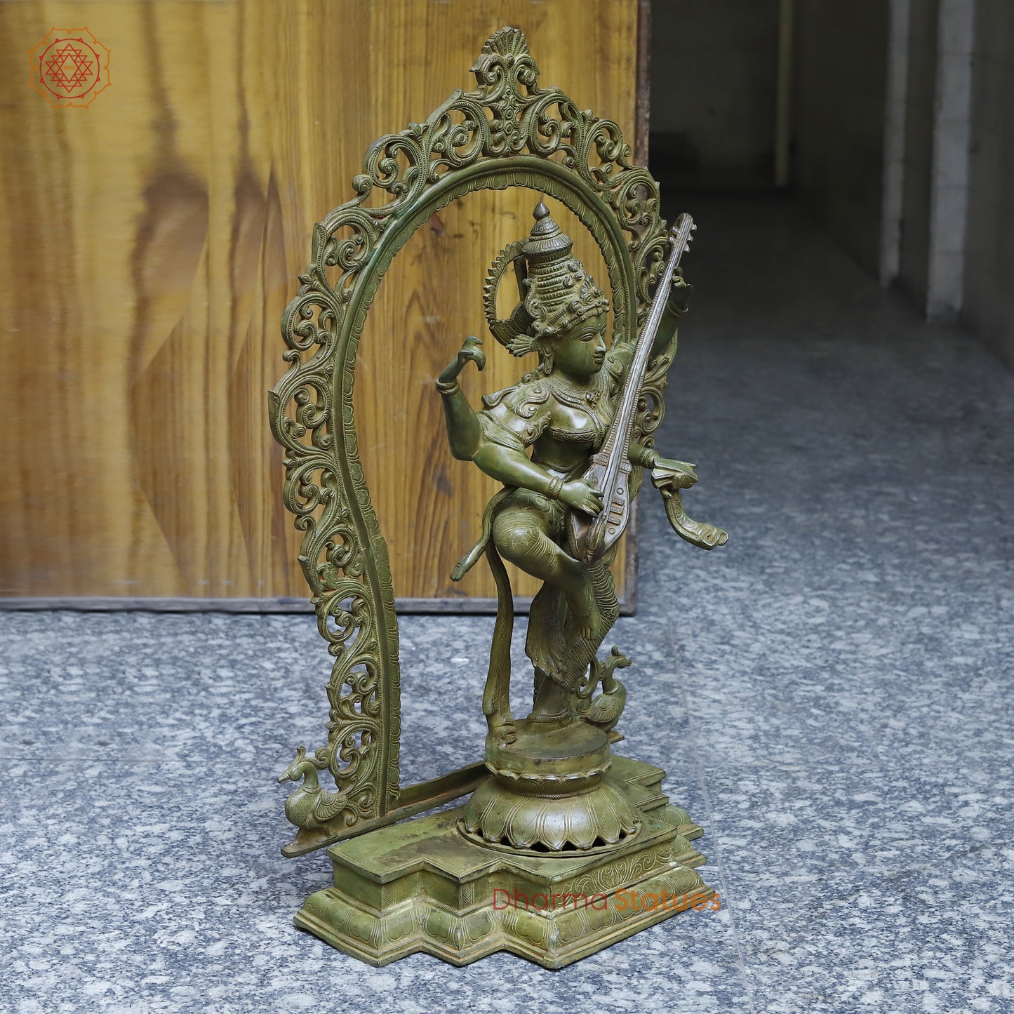 Brass Dancing Saraswati with Frame, Antique Green Finish, 32"