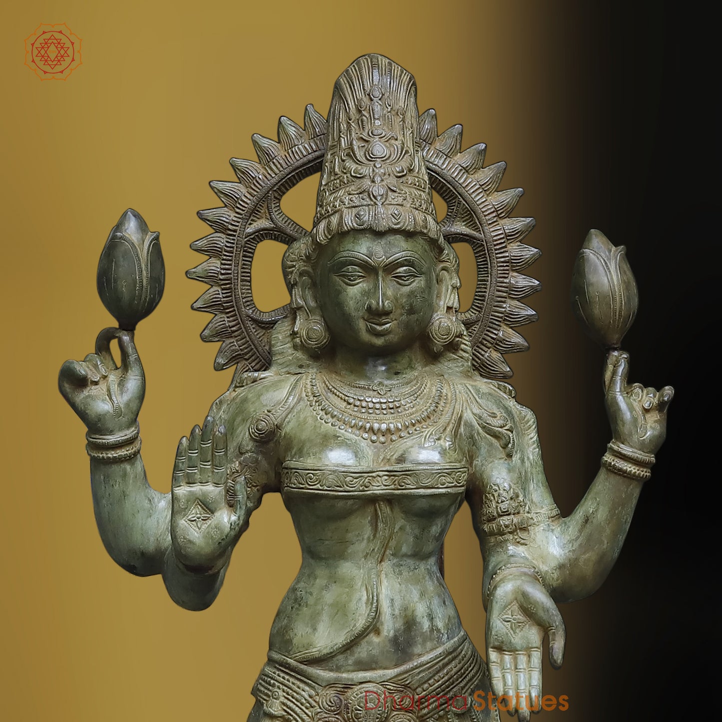 Brass Lakshmi in Blessing Posture, Antique Green Finish, 51"
