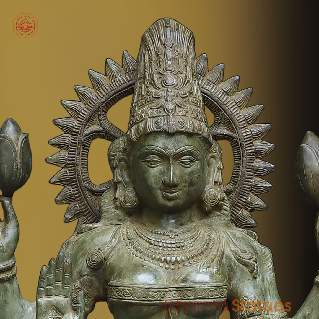 Brass Lakshmi Standing With Lotus, Antique Green Finish, 51"