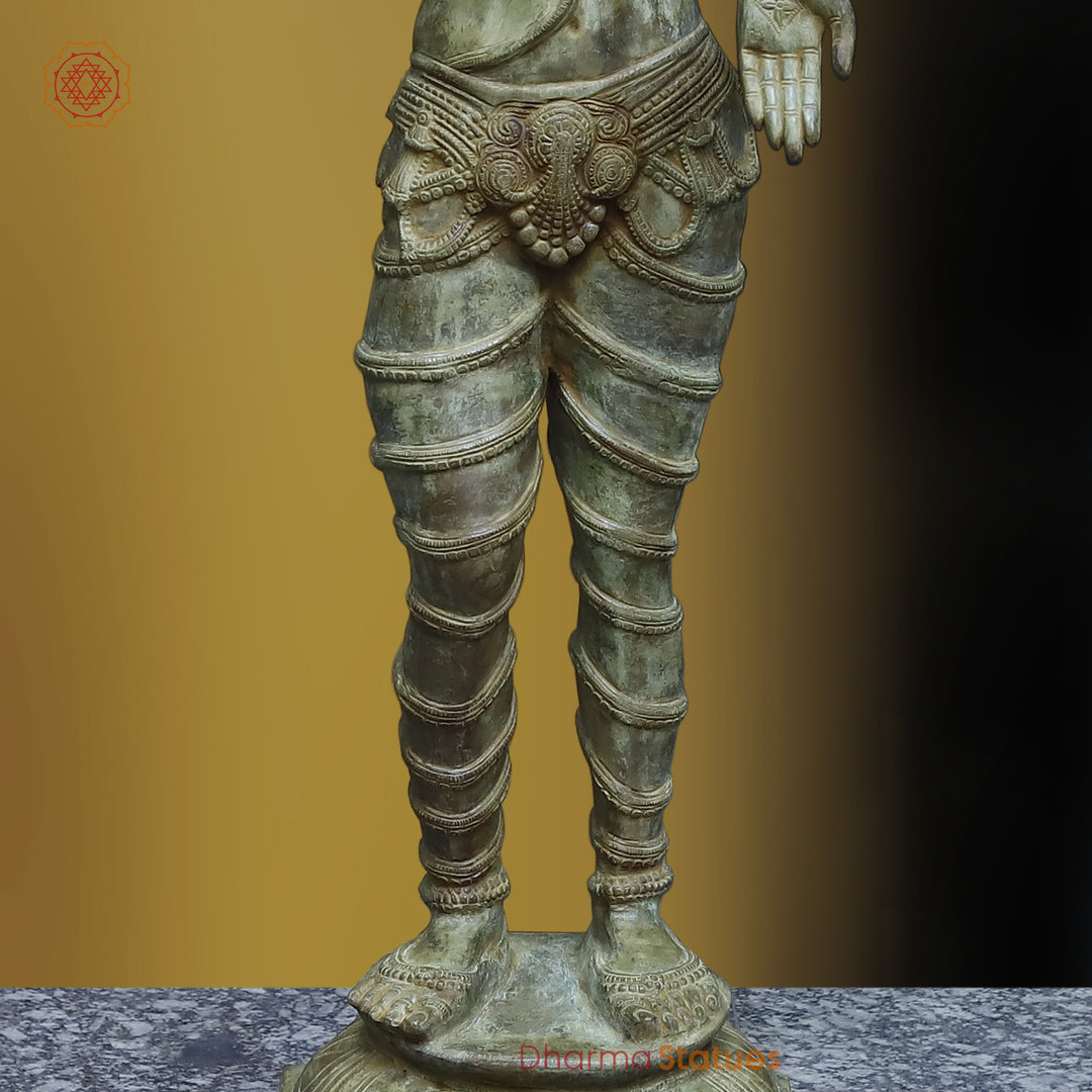 Brass Lakshmi Standing With Lotus, Antique Green Finish, 51"