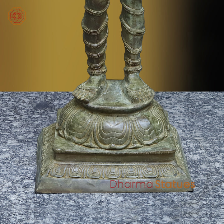 Brass Lakshmi Standing With Lotus, Antique Green Finish, 51"