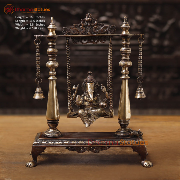 Brass Ganesh Jhula With Bell, Copper Gold, 16" Front View