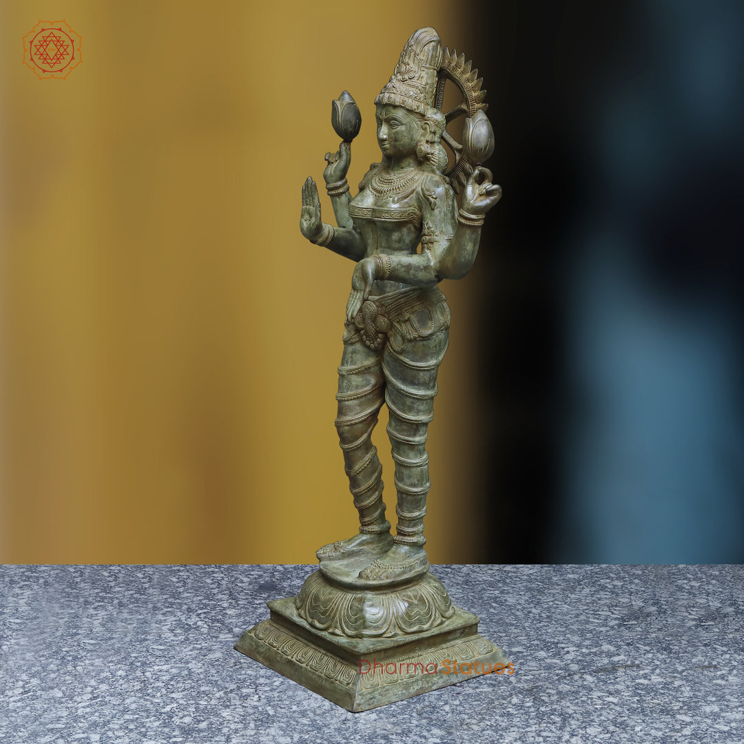 Brass Lakshmi Standing With Lotus, Antique Green Finish, 51"