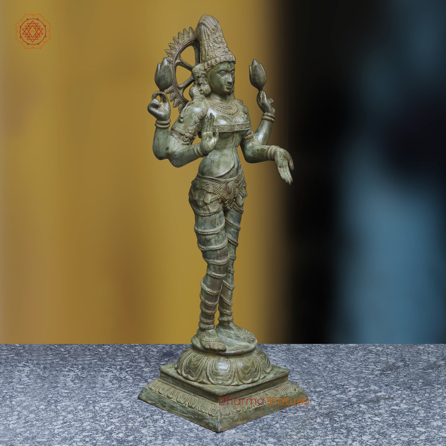 Brass Lakshmi in Blessing Posture, Antique Green Finish, 51"