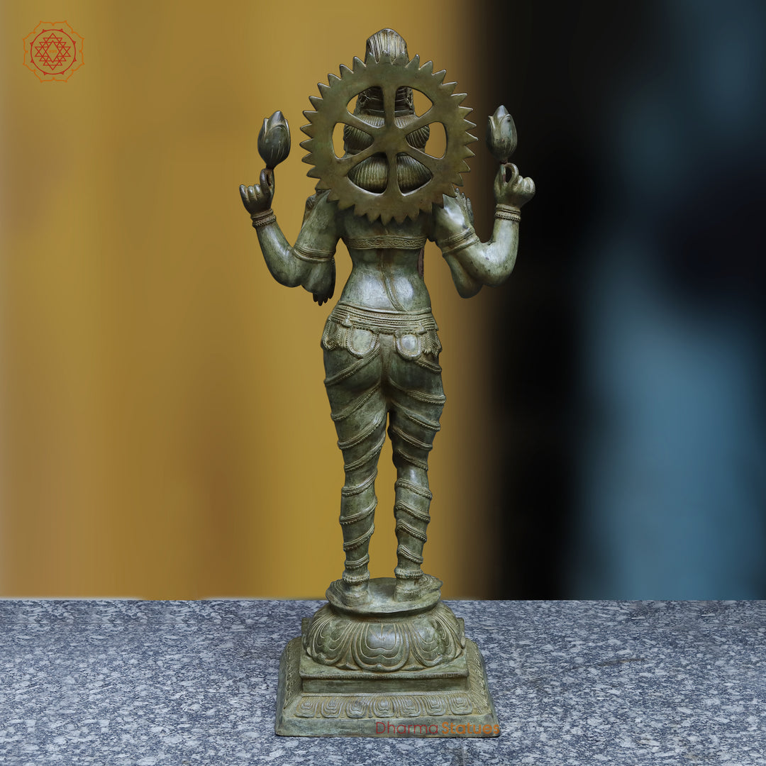 Brass Lakshmi Standing With Lotus, Antique Green Finish, 51"