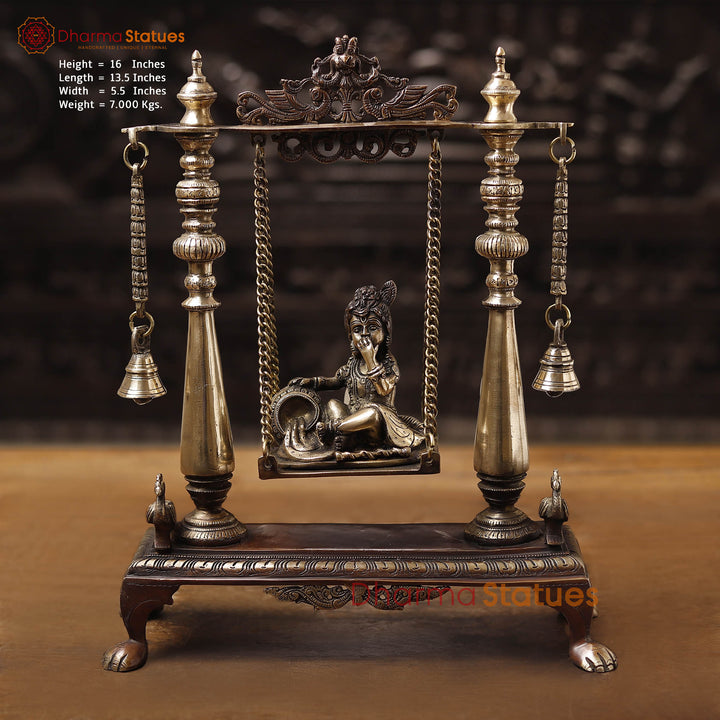 Brass Swing Bal Krishna, Bal Krishna Ji is Swinging on the Swing. 16" Front View