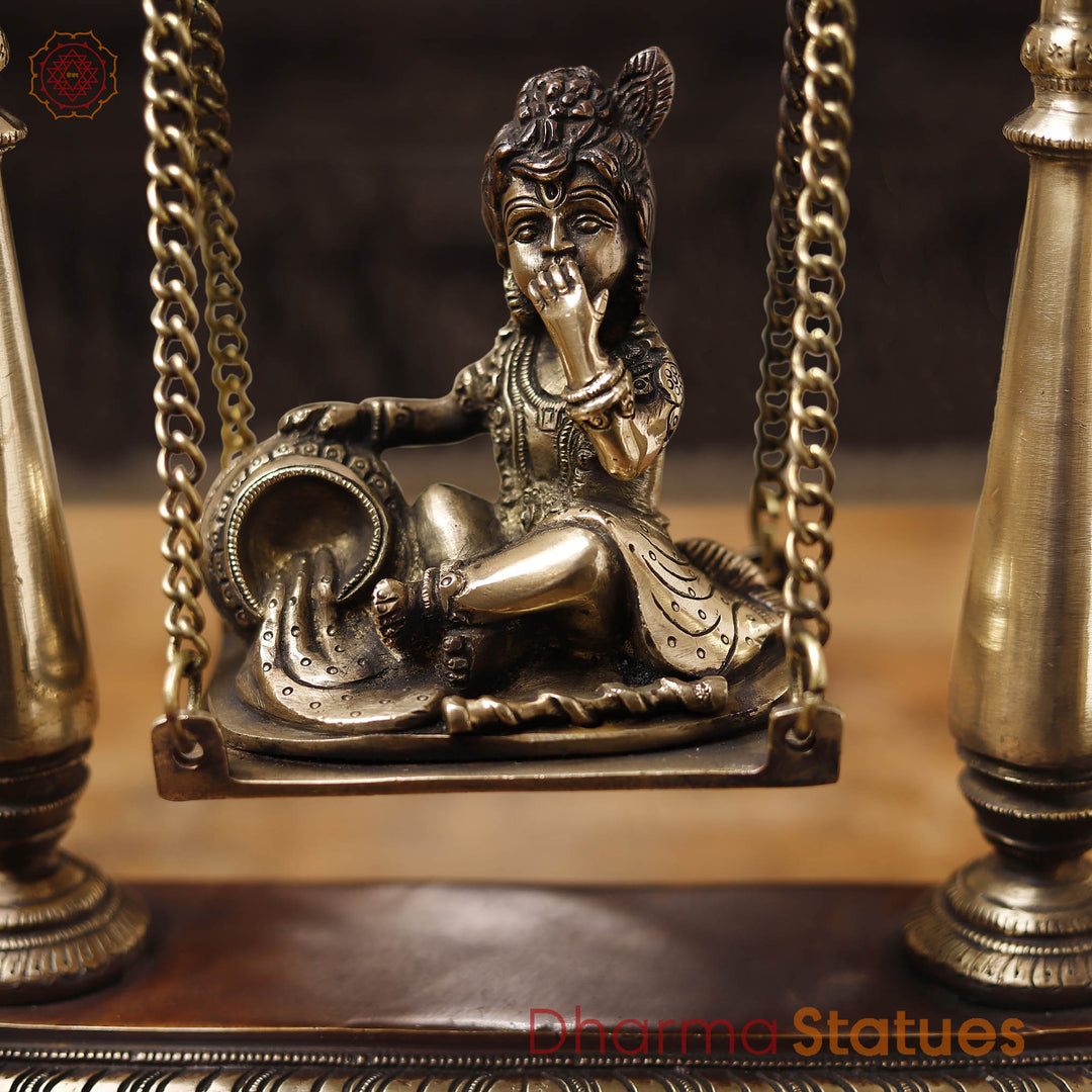 Brass Bal Krishna Swinging Statue, Divine Playfulness, Copper & Golden Finish, 16"