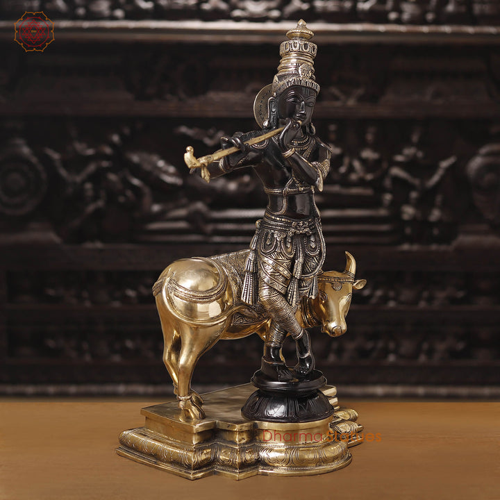 Brass Lord Krishna Idol with Cow, Playing Flute, Black Patina & Golden Finish, 26"