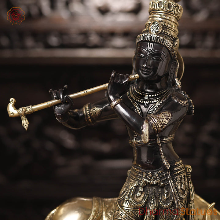 Brass Lord Krishna Idol with Cow, Playing Flute, Black Patina & Golden Finish, 26"