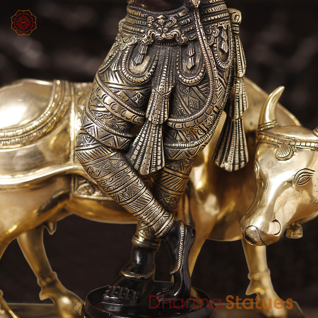 Brass Lord Krishna Idol with Cow, Playing Flute, Black Patina & Golden Finish, 26"