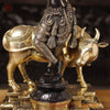 Brass Lord Krishna Idol with Cow, Playing Flute, Black Patina & Golden Finish, 26"