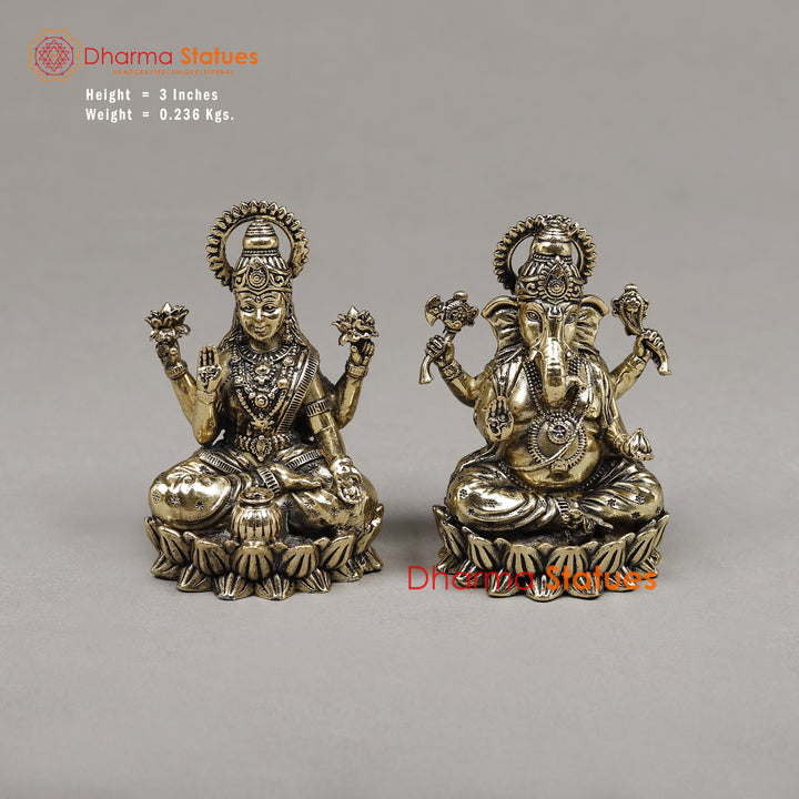 Brass Lakshmi & Ganesh, Seated on a Throne, Fine Gold Finish 3"