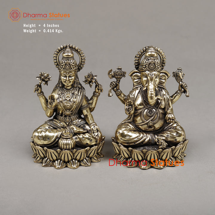 Brass Lakshmi & Ganesh, Seated on a Throne, Fine Gold Finish 4"