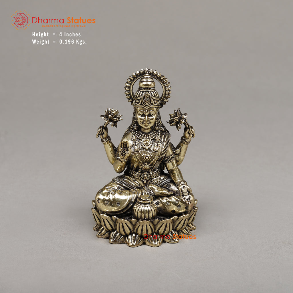 Brass Lakshmi, Seated on a Throne, Fine Gold Finish 4"