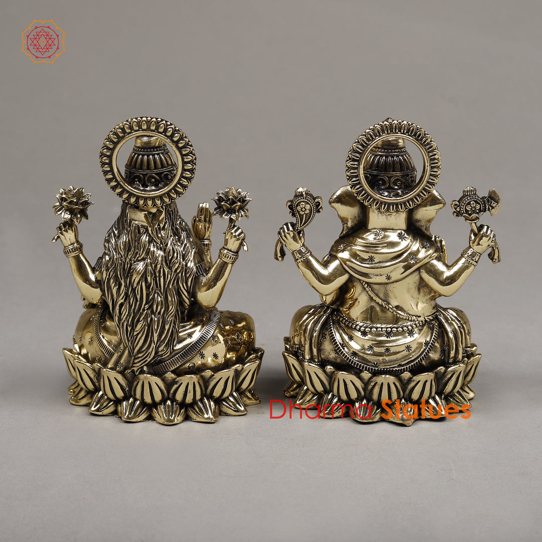 Brass Lakshmi & Ganesha , Seated on a Throne, Fine Gold Finish 5"