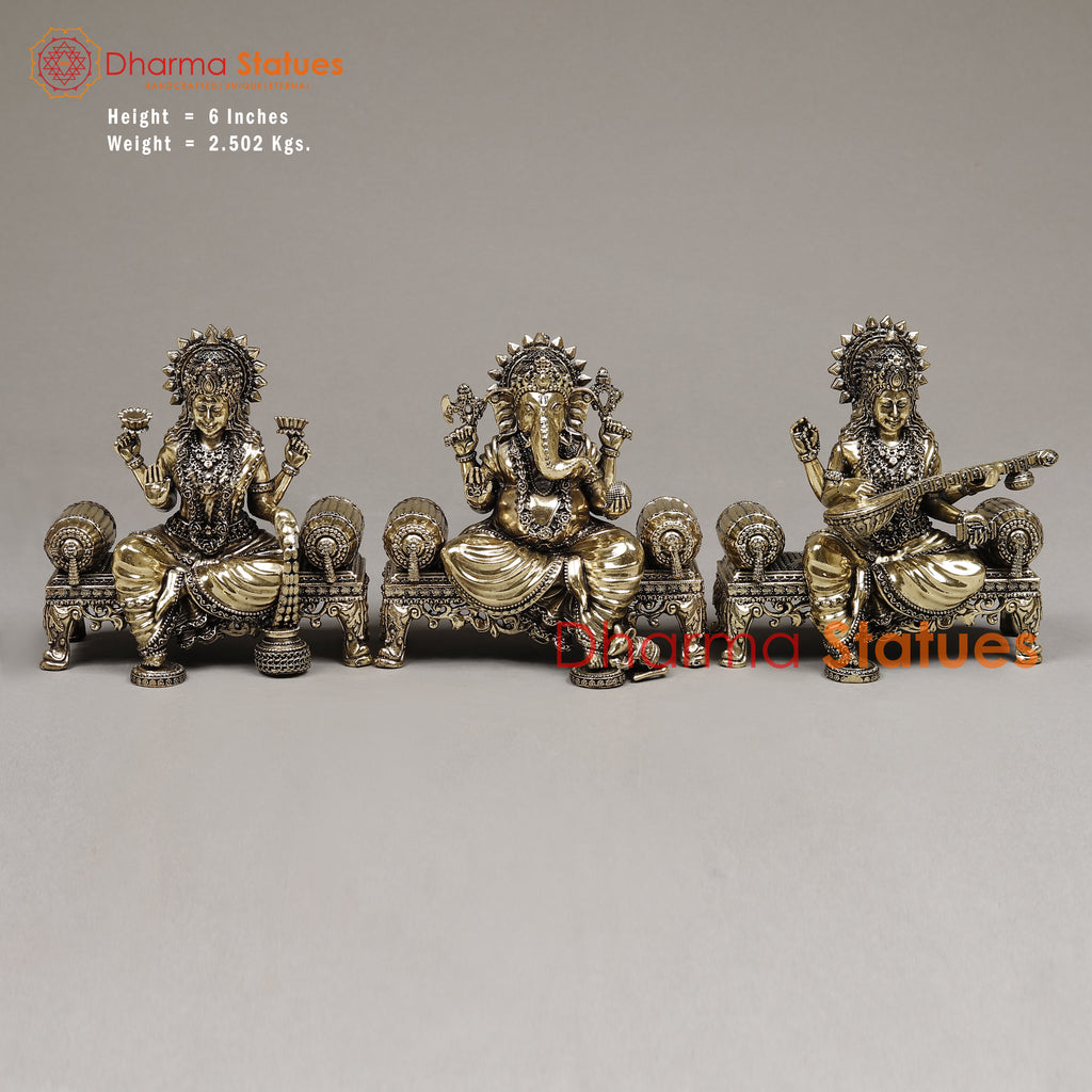 Brass Lakshmi, Ganesh & Saraswati Seated on a Throne, Fine Gold Finish 6"