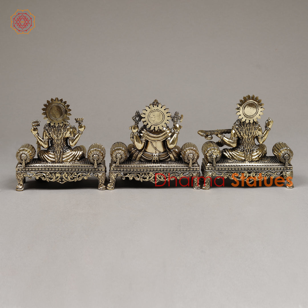 Brass Lakshmi, Ganesh & Saraswati Seated on a Throne, Fine Gold Finish 6"