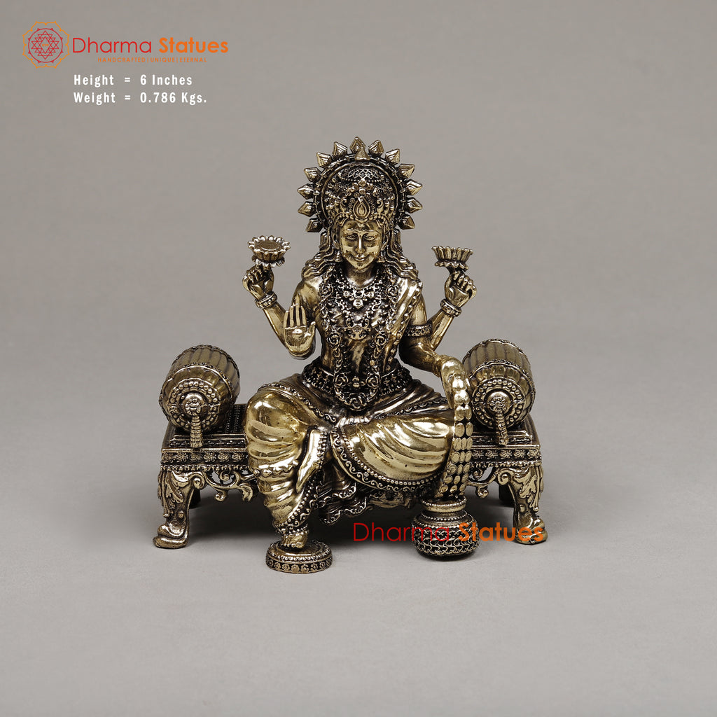 Brass Lakshmi Seated on a Throne, Golden Finish 6"