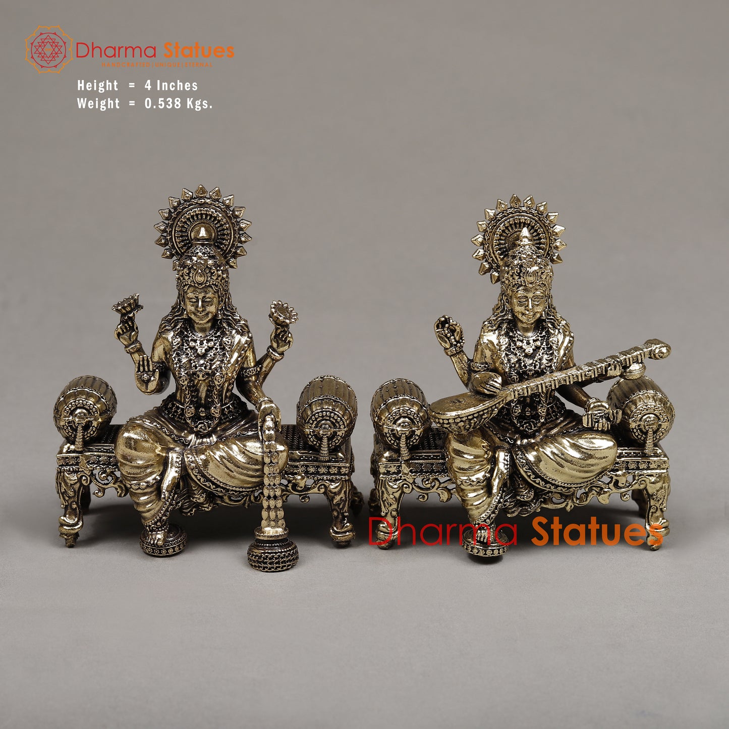 Brass Lakshmi & Saraswati Seated on a Throne, Golden Finish 4"